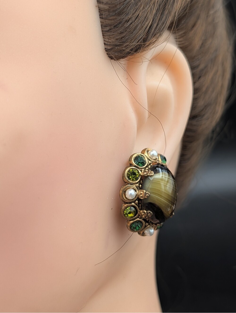 Vintage W Germany Earring Swirl Glass Cabochon Rhinestone Pearl ClipOn Statement